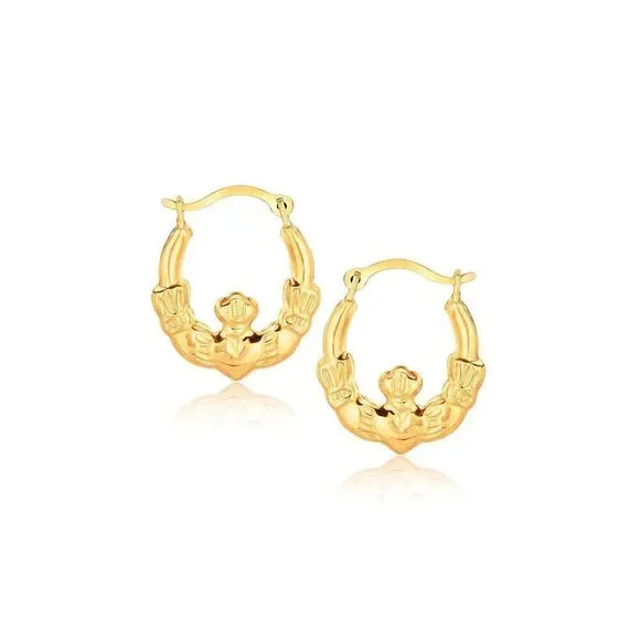 10k Yellow Gold Claddagh Hoop Earrings - Picture 1 of 1